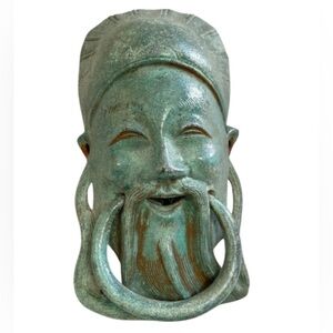 ANTIQUE CHINESE MAN WITH FU MANCHU MUSTACHE SOLID BRONZE DOOR KNOCKER 6”